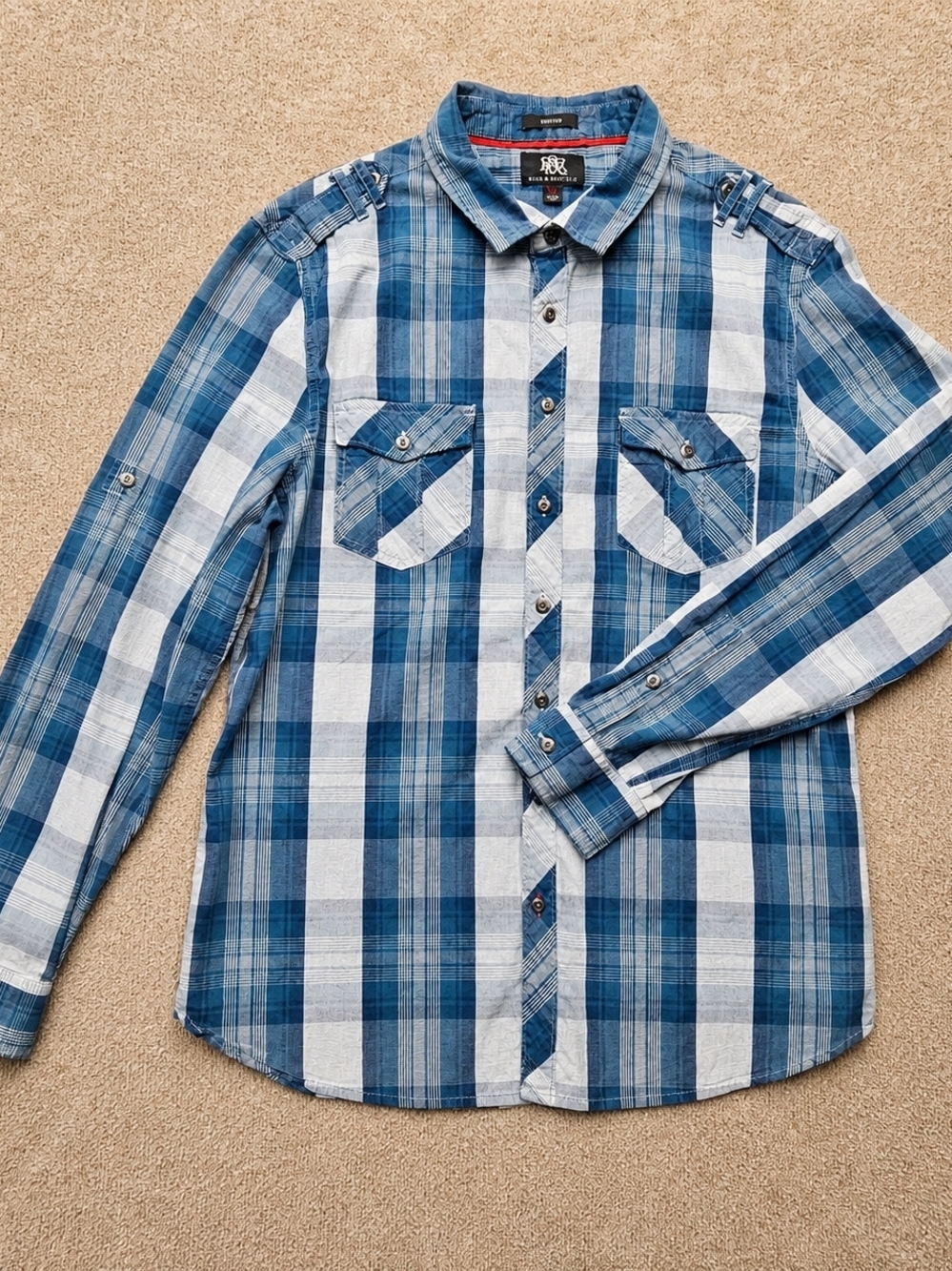 Rock & Republic Plaid Button Down Shirt XXL Blue Green Western Utility
